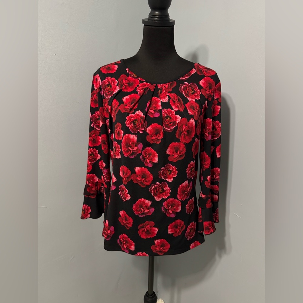 Karl Lagerfeld Paris Black Red Rose Floral Blouse Ruffle Sleeve S H6004JO0159